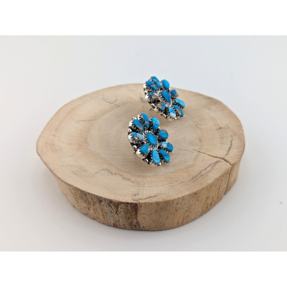 Navajo Floral Turquoise Stone Stud Earrings Sterling Silver Handmade Jewelry ** - Picture 6 of 13